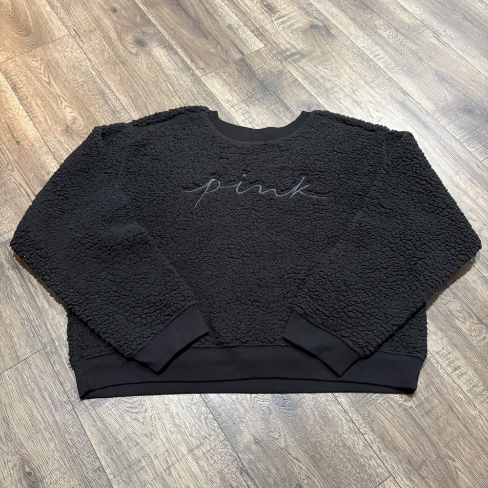PINK Victoria's Secret Sherpa Sweatshirt Womens XXL Black Excellent Fleece Logo